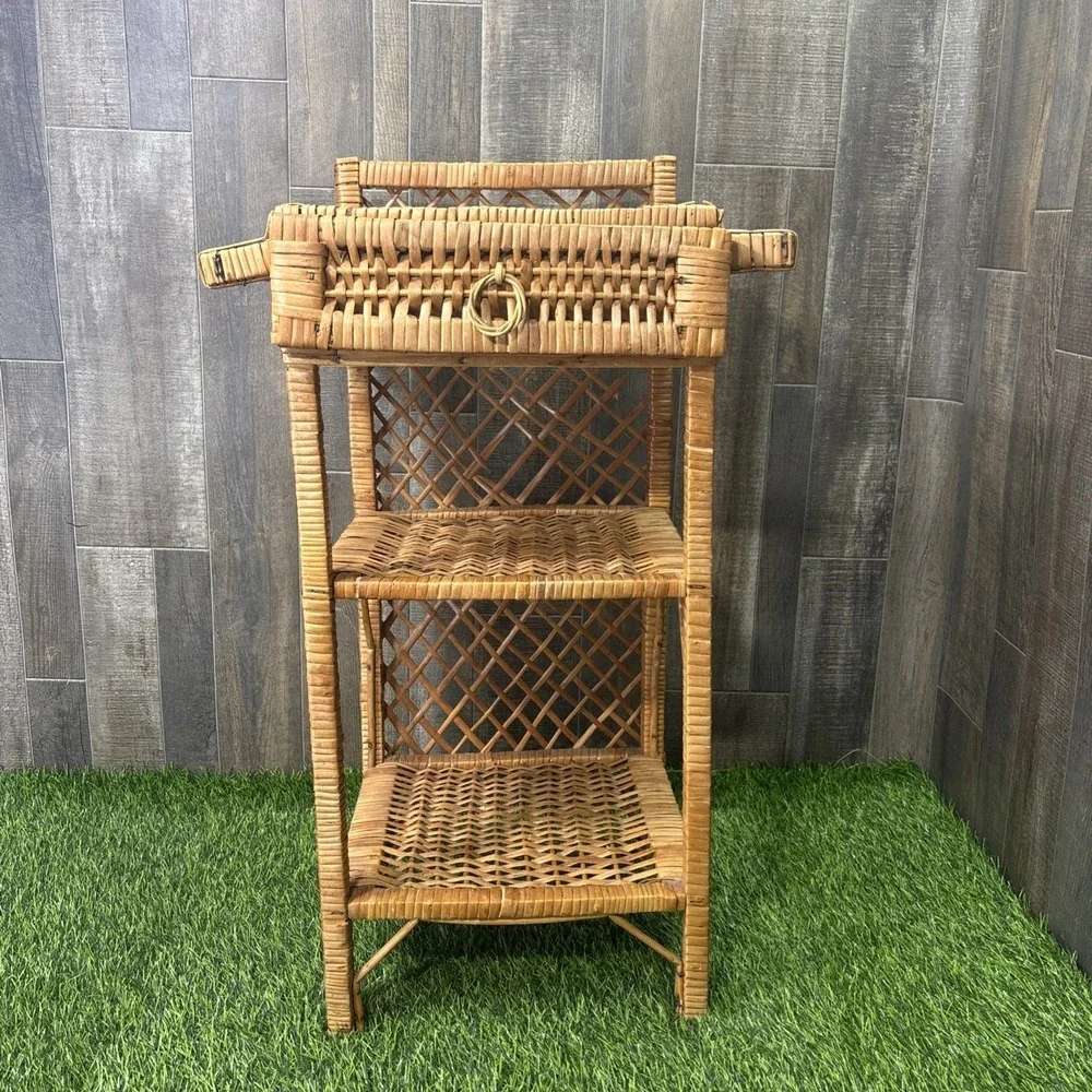 Vintage MCM Wicker Rattan 3 Tier Shelf Bookcase Plant Stand w/ Drawer Boho